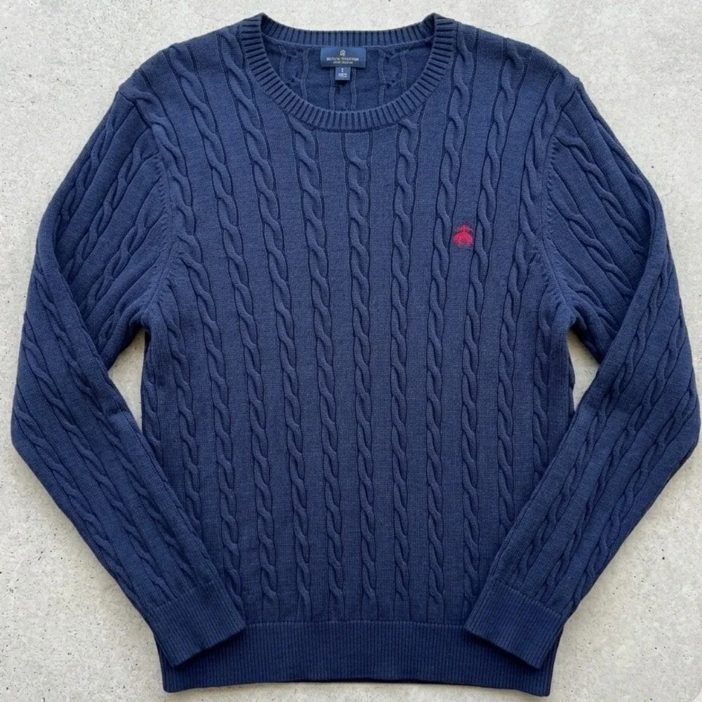 Brooks Brothers Cable Knit Sweater Men Large Navy Blue Supima Cotton Preppy Logo